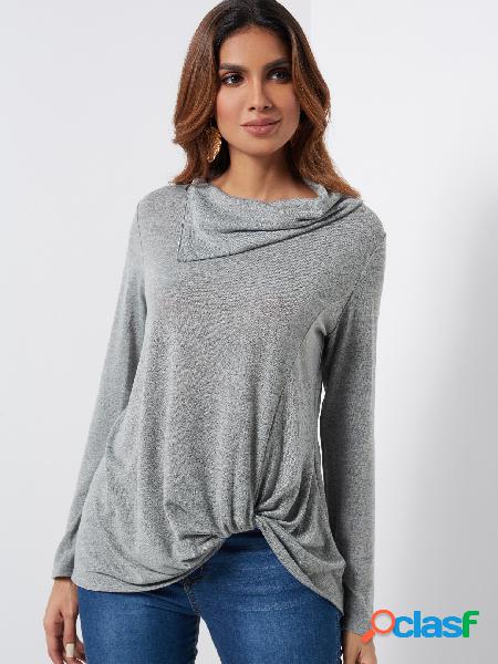 Grey Crossed Front Design Lapel Collar Long Sleeves Top