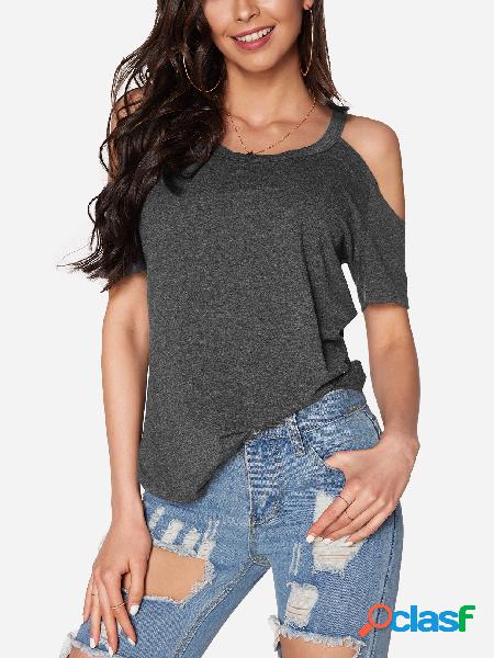 Grey Cut Out Plain Cold Shoulder Short Sleeves T-shirts