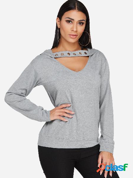 Grey Cut Out V-neck Long Sleeves Hooded Design Sweatshirt