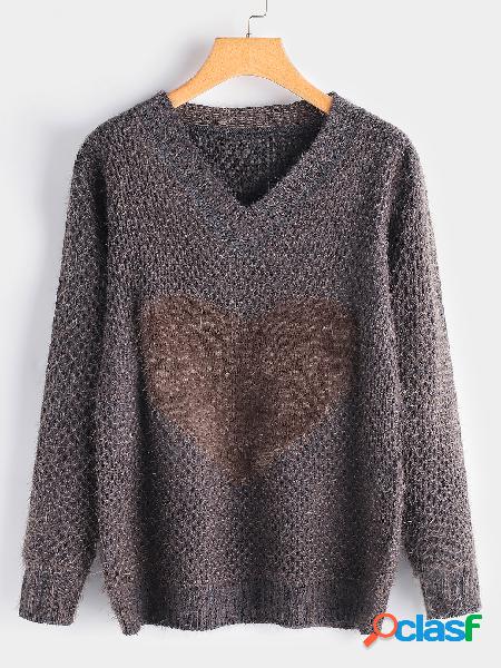 Grey Heart Pattern Round Neck Long Sleeves Knitted Sweater