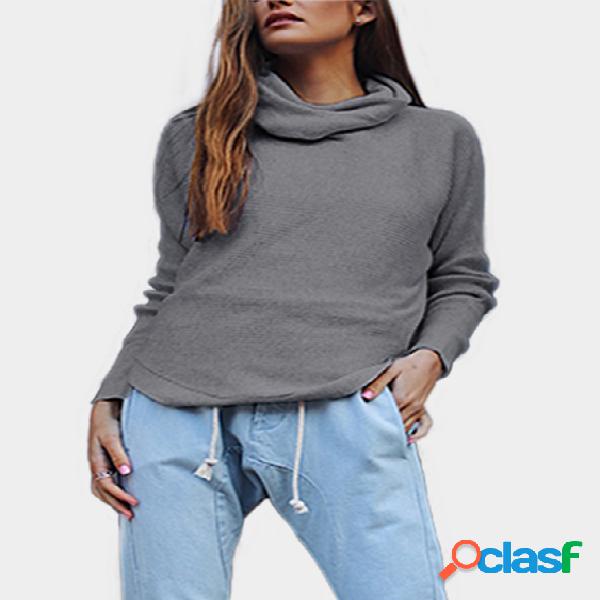 Grey High Neck Long Sleeves Curved Hem Sweaters