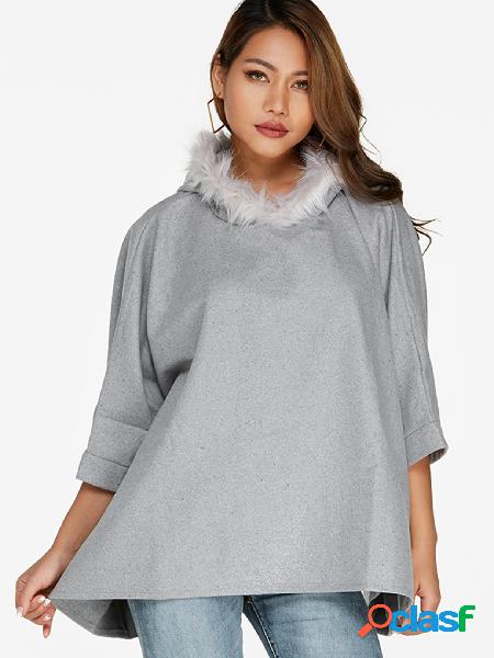 Grey Hoodel Design With Fur Plain Bat Sleeves Irregular Hem