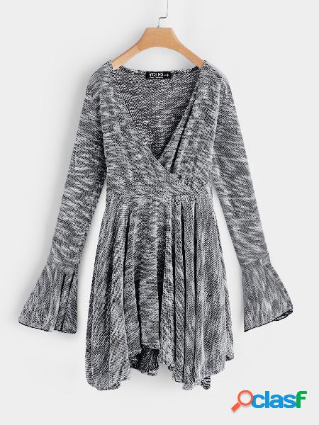 Grey Irregular Hem Deep V-Neck Bell Sleeves Mini Dress