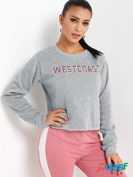 Grey Letter Print Pullover Long Sleeves Crop Sweatshirt
