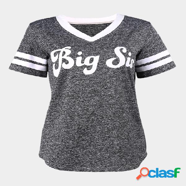 Grey Letter & Strip Print V-neck Short Sleeves T-shirt