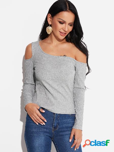 Grey One Shoulder Long Sleeves Knitted T-shirt