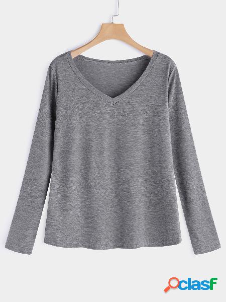 Grey Plain Deep V Neck Long Sleeves Loose Fit T-shirts