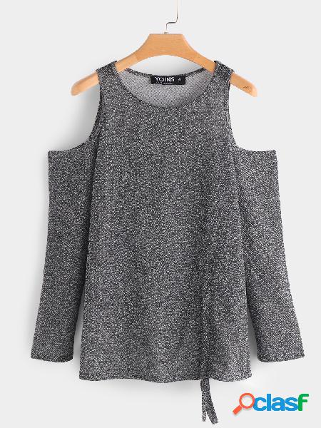 Grey Plain Drawstring Design Cold Shoulder Long Sleeves