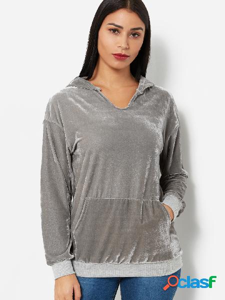 Grey Pullover Long Sleeves Pocket Design Hoodie