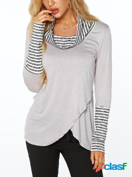 Grey Roll Neck Stripe Details Overlay Front T-shirts