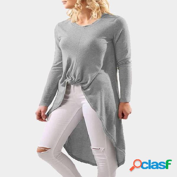 Grey Round Neck Long Sleeves Irregular Hem Fashion Top