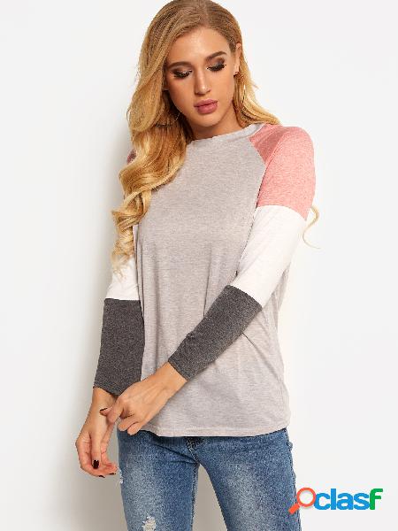 Grey Stripe Patchwork Design Round Neck Long Sleeves T-shirt