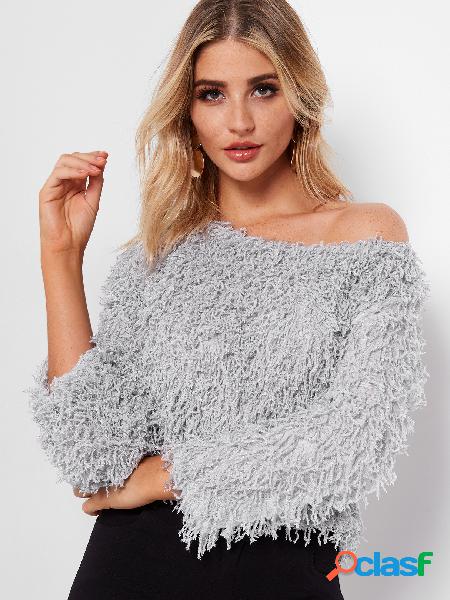 Grey Tassel Details One Shoulder Long Sleeves Sweaters