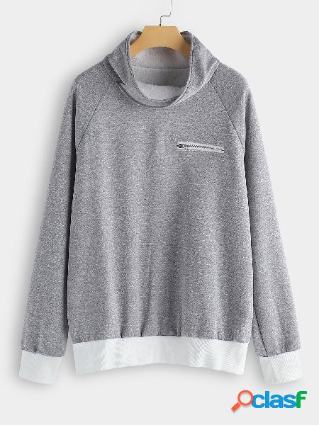 Grey Zip Design Plain Turtleneck Long Sleeves Sweatshirts