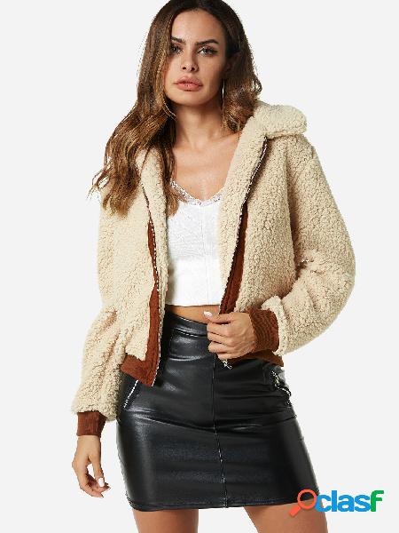Khaki Color Stitching Classic Collar Long Sleeves Faux Fur