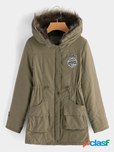 Khaki Faux Fur Hooded Design Long Sleeves Badge Patched Coat