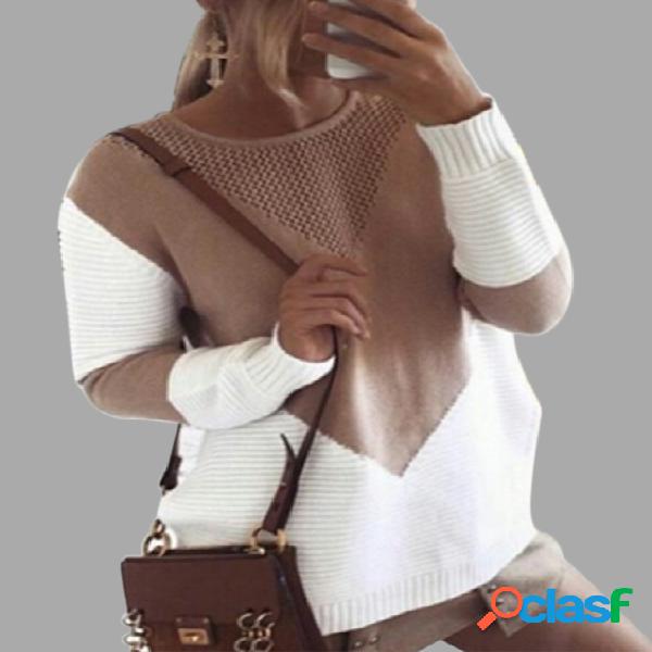 Khaki Knitting Patchwork Sweaters with Hollow Out Design