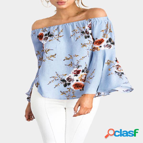 Light Blue Random Floral Print Off The Shoulder Bell Sleeves