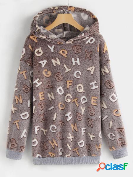 Light Coffee Letter Partern Pullover Faux Fur Hoodie