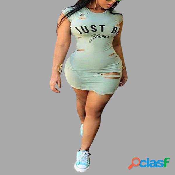 Light Green Letter Pattern Ripped Bodycon Dress