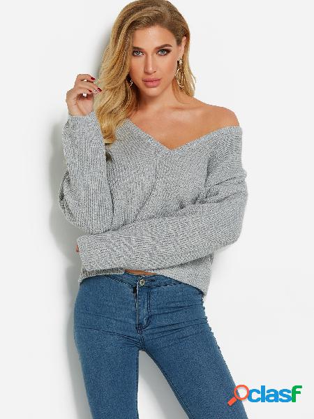 Light Grey Deep V Neck One Shoulder Long Sleeves Sweater