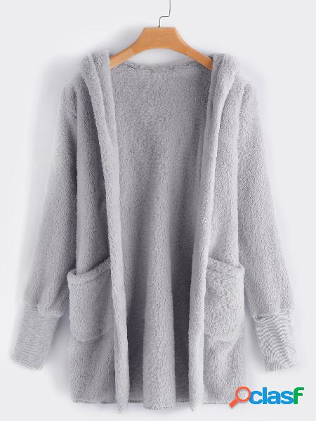 Light Grey Open Front Hooded Design Coat With Slip Pockets