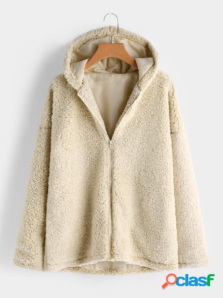 Light Khaki Zip Design Hooded Long Sleeves Faux Fur Coat