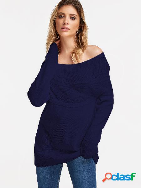 Navy Cable Knit Plain Bateau Long Sleeves Sweaters