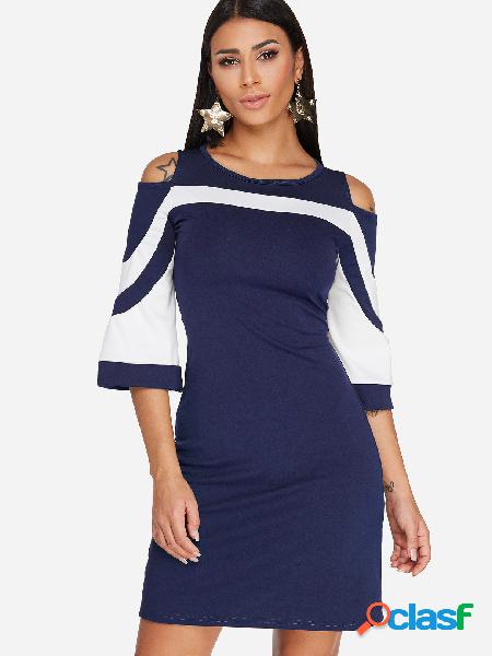 Navy Cold Shoulder Stripe Round Neck Flared Sleeves Dress