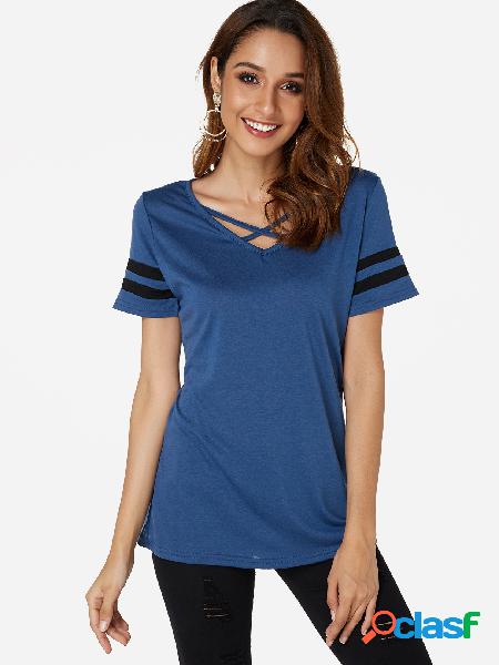 Navy Crossed Front Design V-neck Short Stripe Sleeves