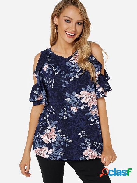 Navy Cut Out Cold Shoulder Floral Print Crew Neck Short