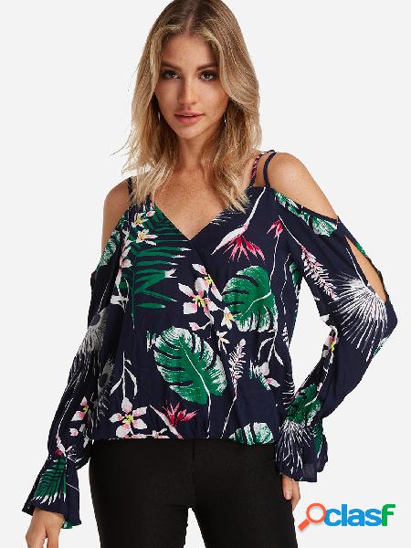 Navy Floral Print Flared sleeves Blouse