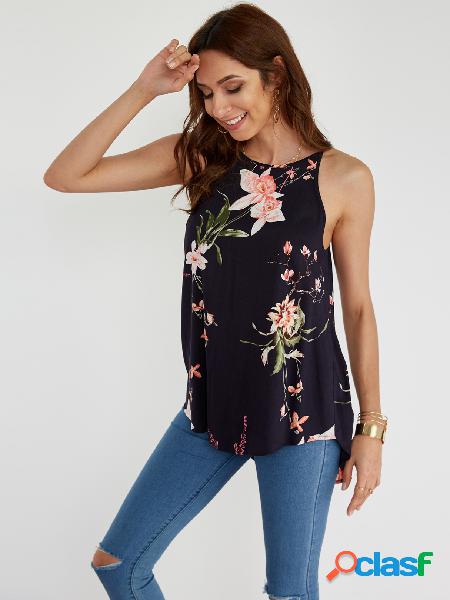 Navy Floral Print Round Neck Irregular Hem Camis