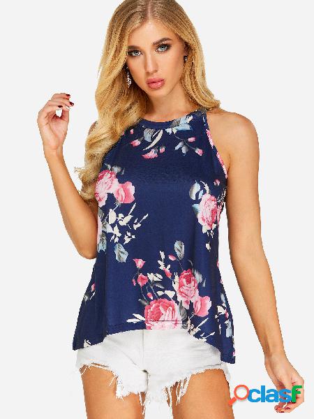 Navy Halter Random Floral Print Top