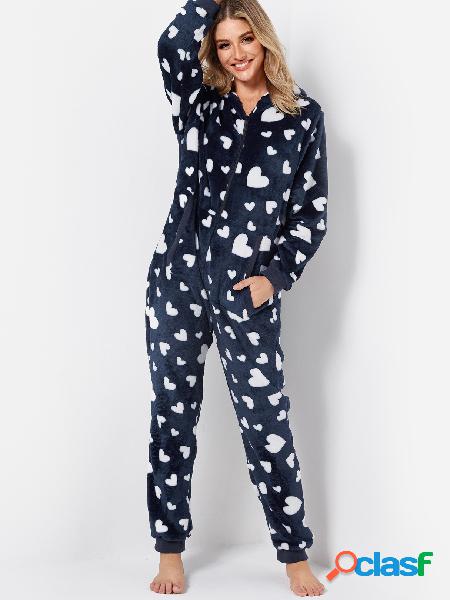 Navy Love Print Front Zip Side Pocket Fleece Hooded Onesie