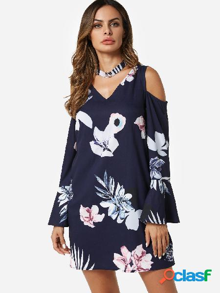 Navy Random Floral Print Cold Shoulder Bell Sleeves Dress