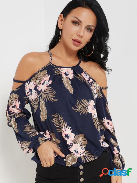 Navy Random Floral Print Cold Shoulder Long Sleeves Top