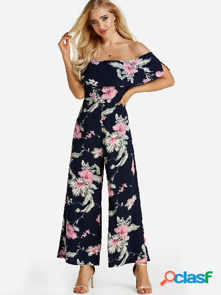 Navy Random Floral Print Off Shoulder Tiered Jumpsuit