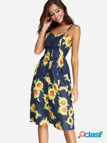 Navy Single Breasted Design Random Floral print Sleeveless