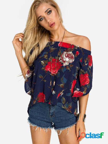 Navy Slit Design Random Floral Print Off Shoulder Blouse