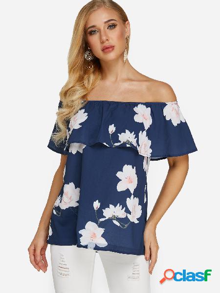 Navy Tiered Design Random Floral Print Off Shoulder Blouse
