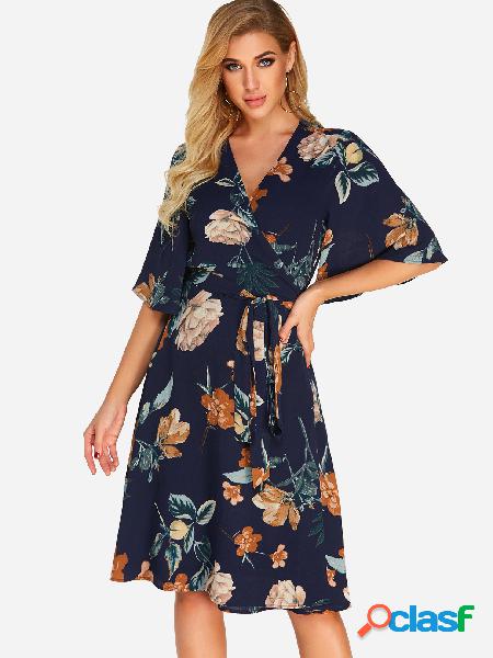 Navy Wrap Design Random Floral Print V-neck Half Sleeves