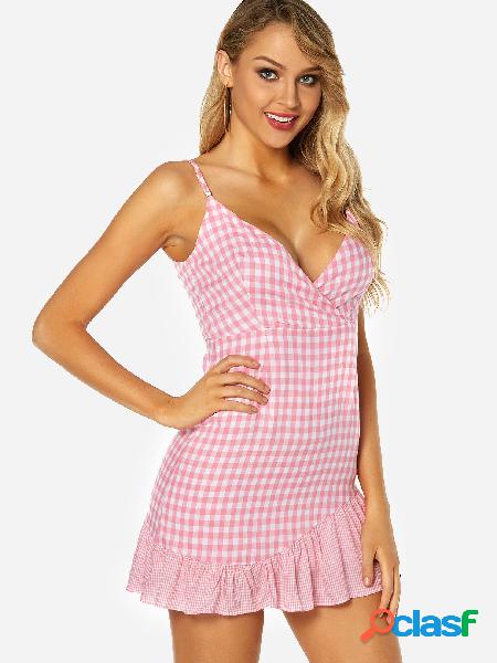 Pink Backless Design Grid Pattern V-neck Flounced Hem