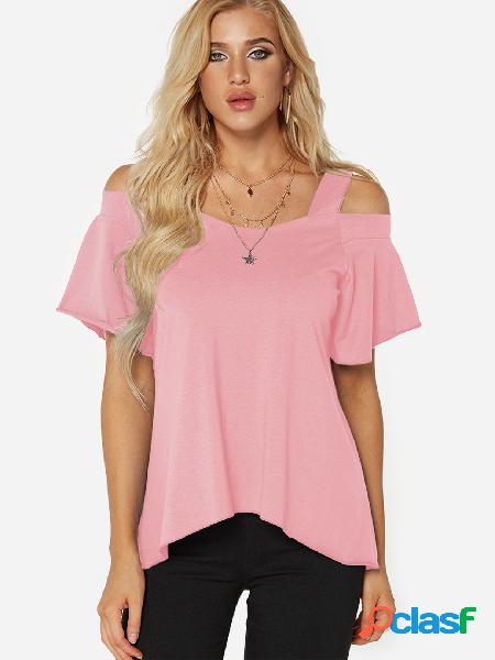 Pink Cold Shoulder Short Sleeves T-shirt