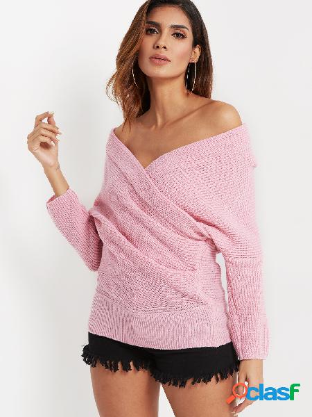 Pink Crossed Front Design Deep V Neck Long Sleeves Sweater