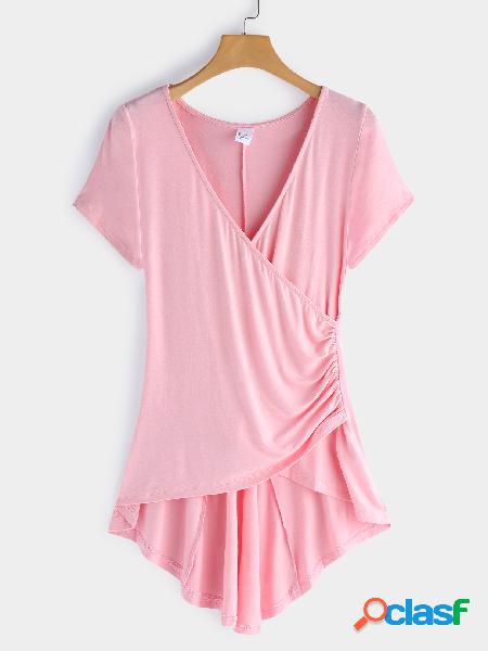 Pink Crossed Front Design V-neck Short Sleeves T-shirts