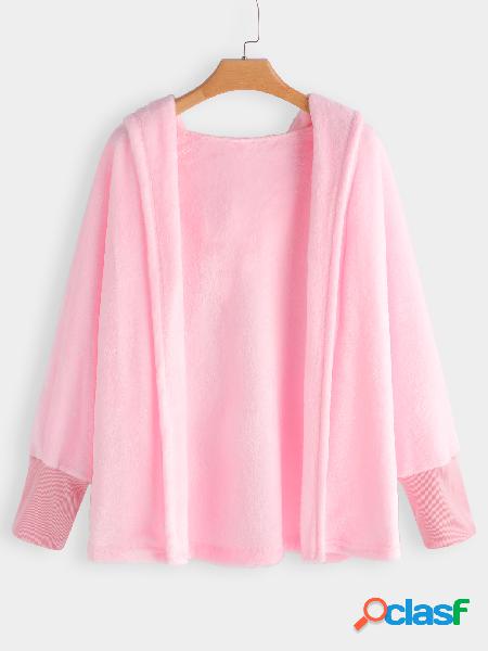 Pink Open Front Design Long Sleeves Hooded Woolen Coat