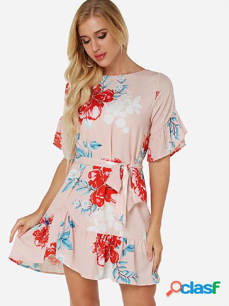 Pink Random Floral Print Round Neck Flared Sleeves Dress