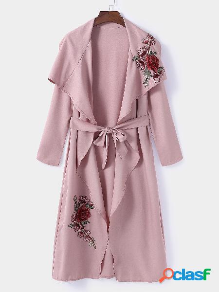 Pink Rose Embroidered Lapel Collar Belt Design Trench Coat