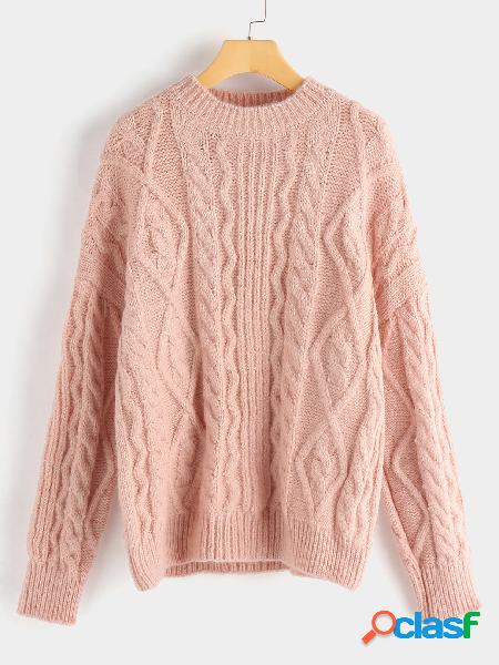 Pink Round Neck Long Sleeves Cable Knit Sweater